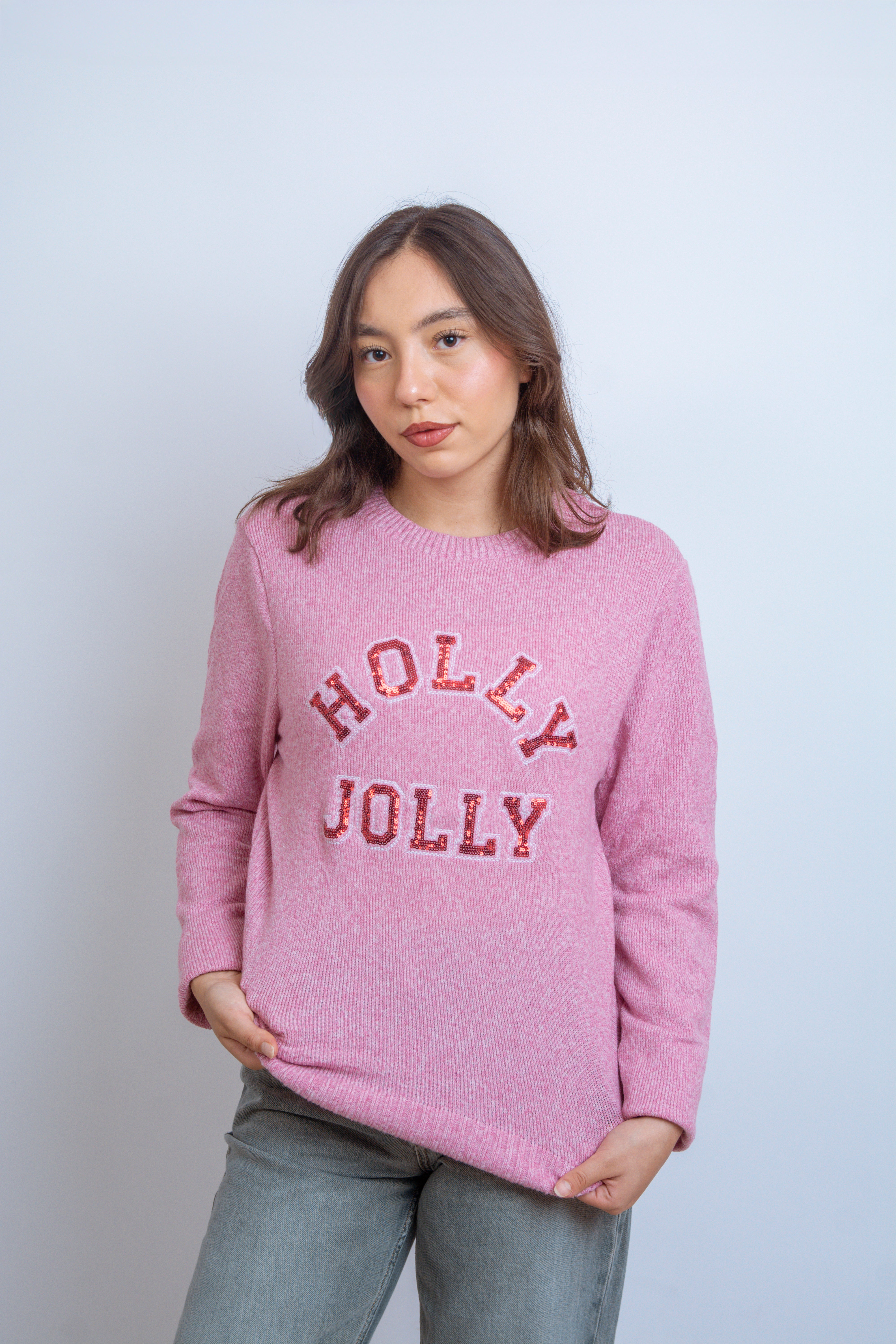 Ugly sweater navidad Holly Jolly rosa