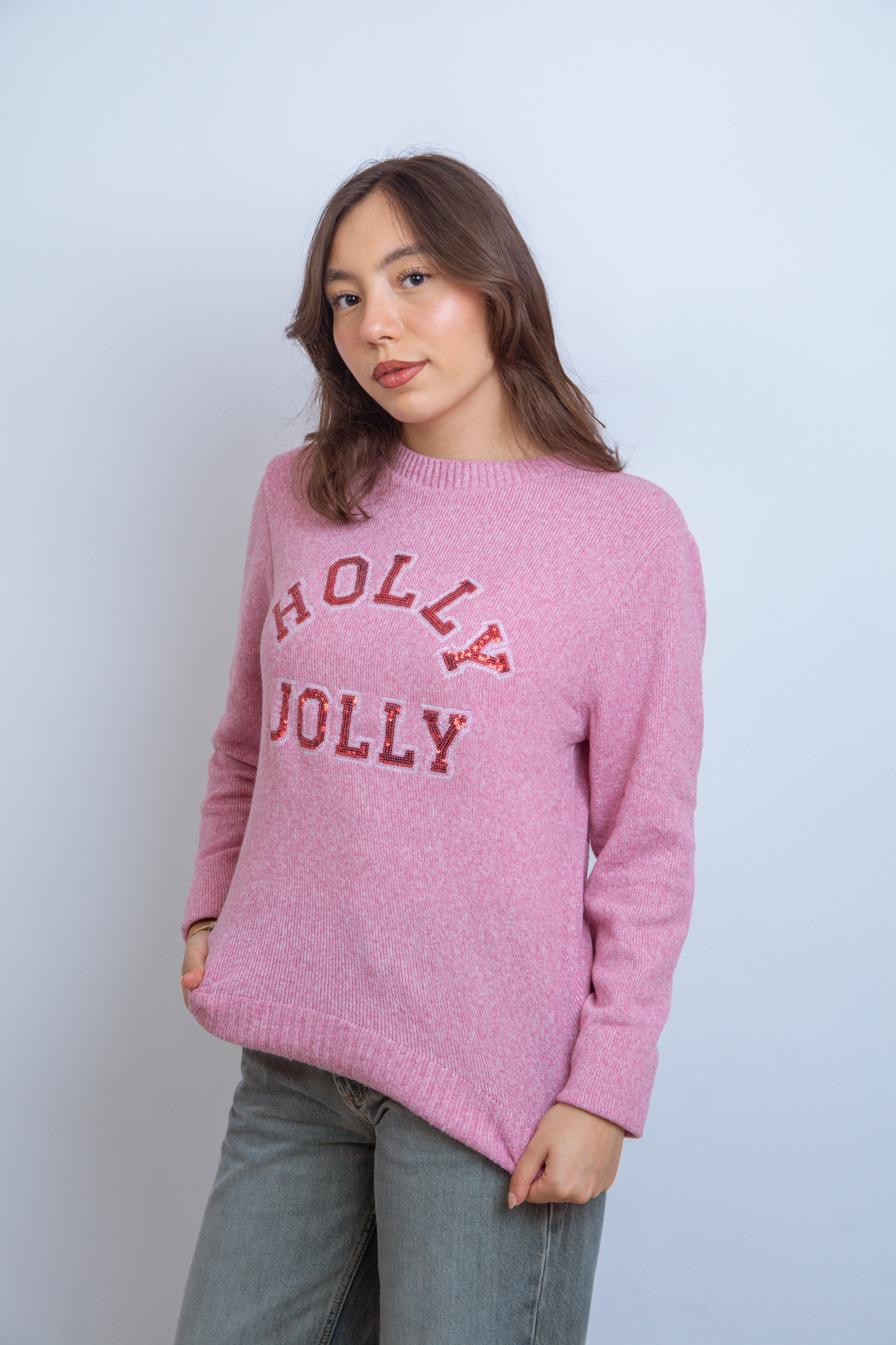 Ugly sweater navidad Holly Jolly rosa