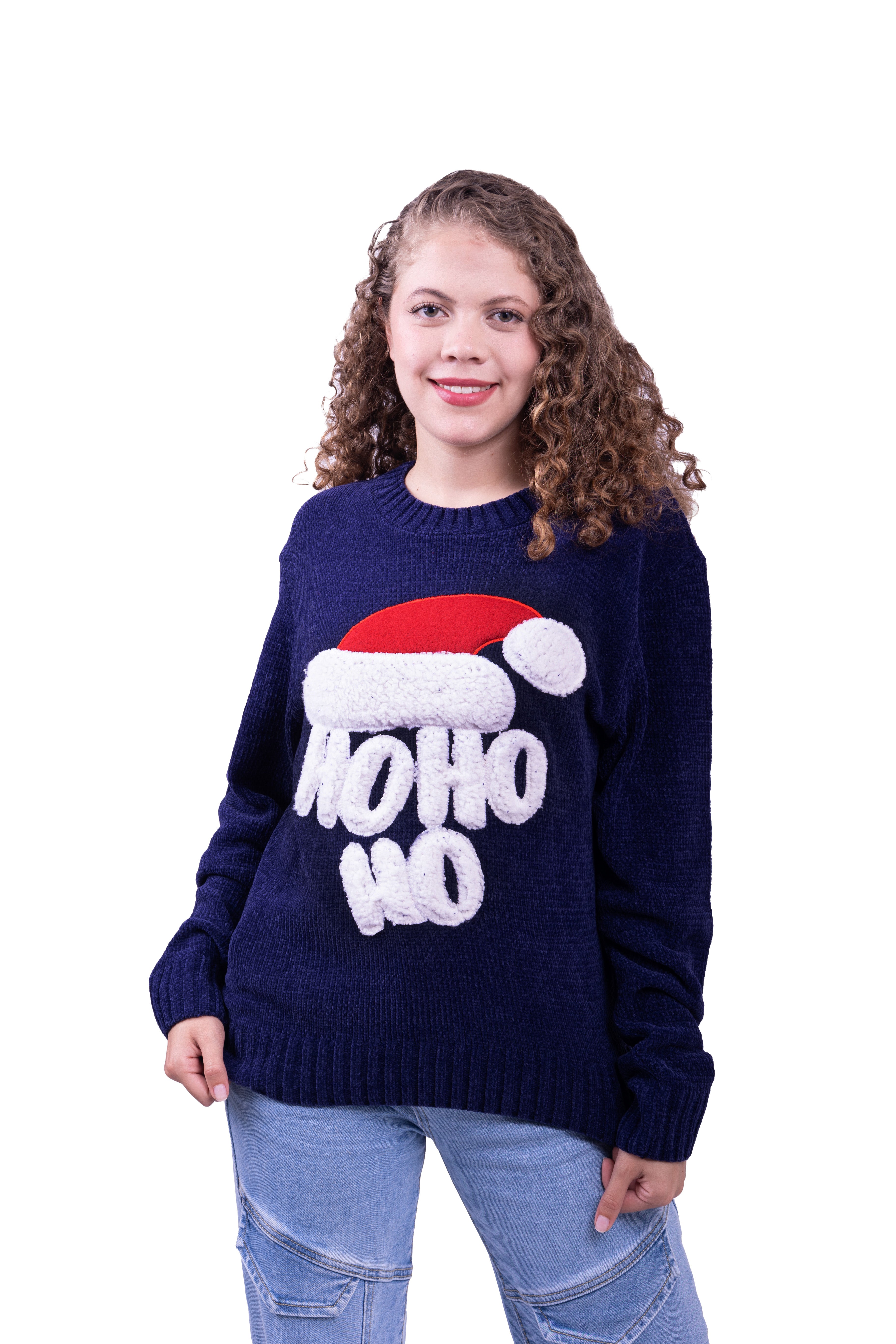 Ugly sweater azul con gorro de Santa Claus chenille