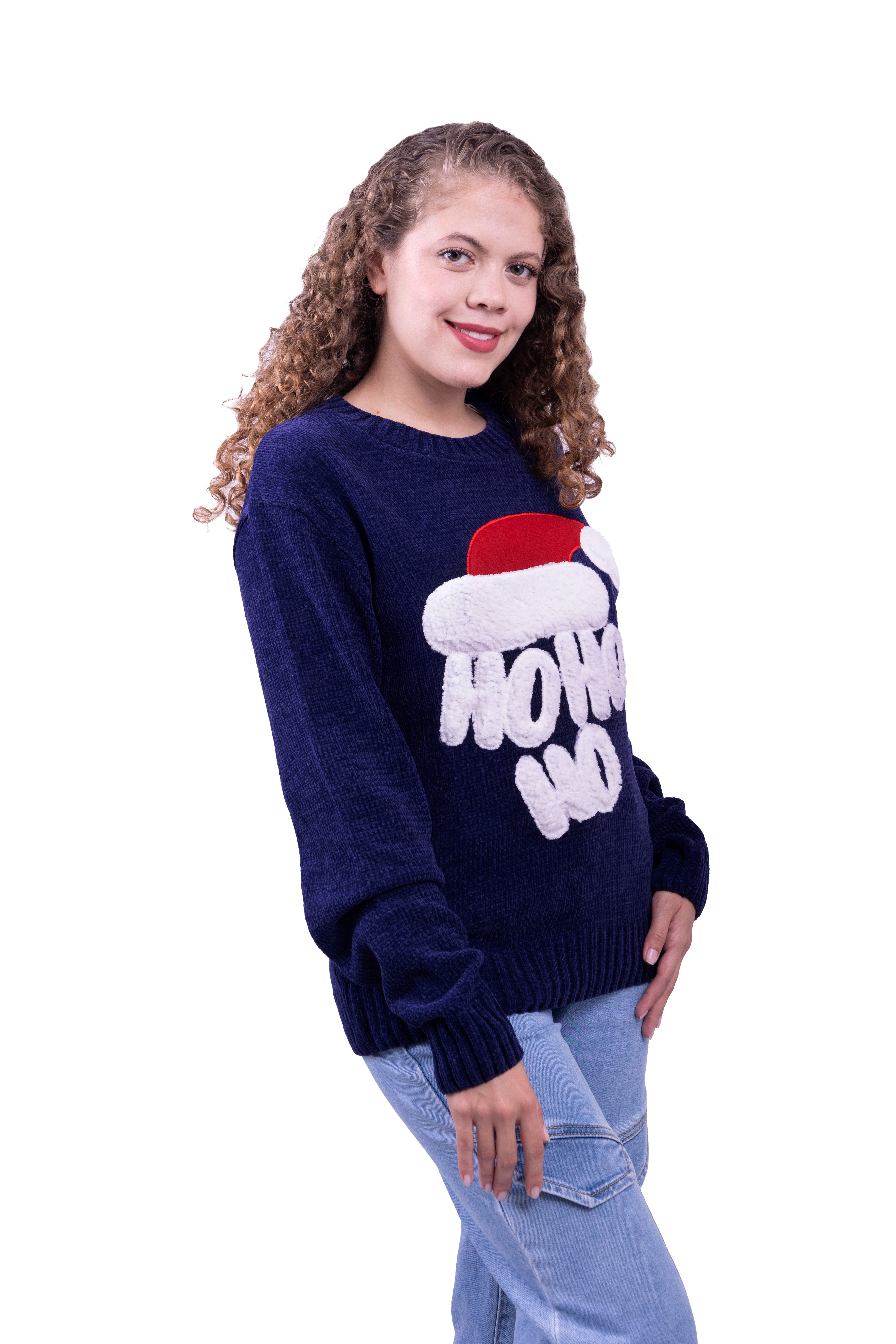 Ugly sweater azul con gorro de Santa Claus chenille